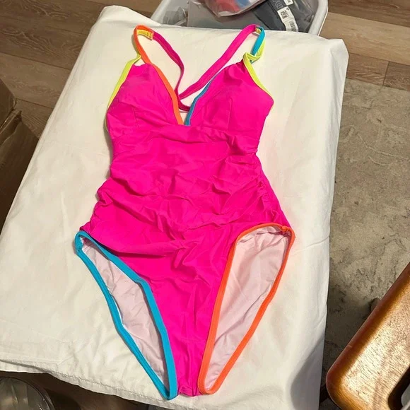 NEW POPVIL Womens One Piece Swimsuit Hot Pink Neon Ruched V-Neck Size Medium - Picture 3 of 7
